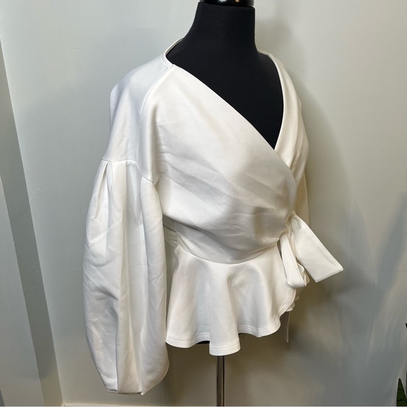 White Long Sleeve Bishop Sleeve Tie Waist Wrap Top/Blouse - Picture 2 of 11